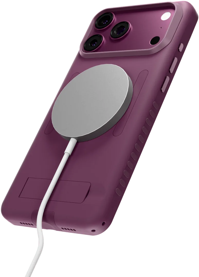 Burgundy Elite Case charging on a MagSafe charger