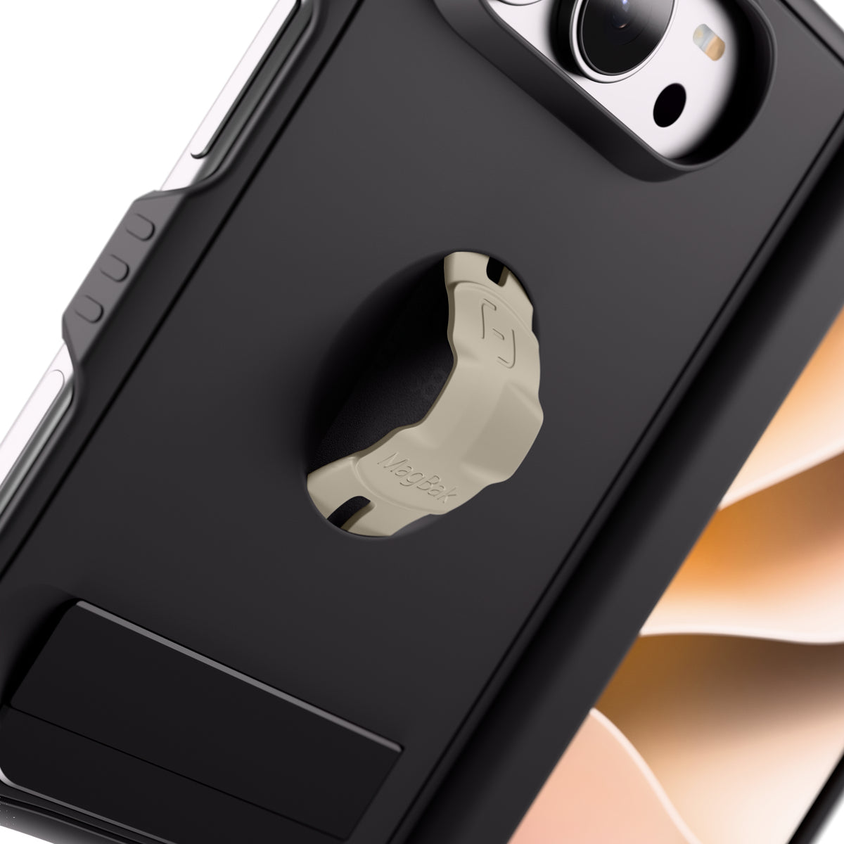 Unfolded iPhone Duo in a black MagBak Elite case with a beige finger loop deployed